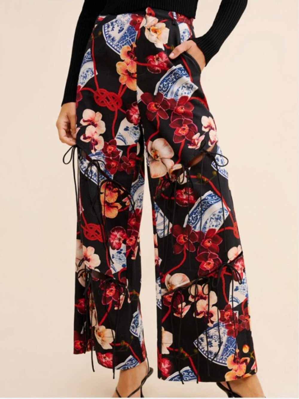 Allina Liu Twig Cutout Wide Leg Floral Cotton Pants size M
